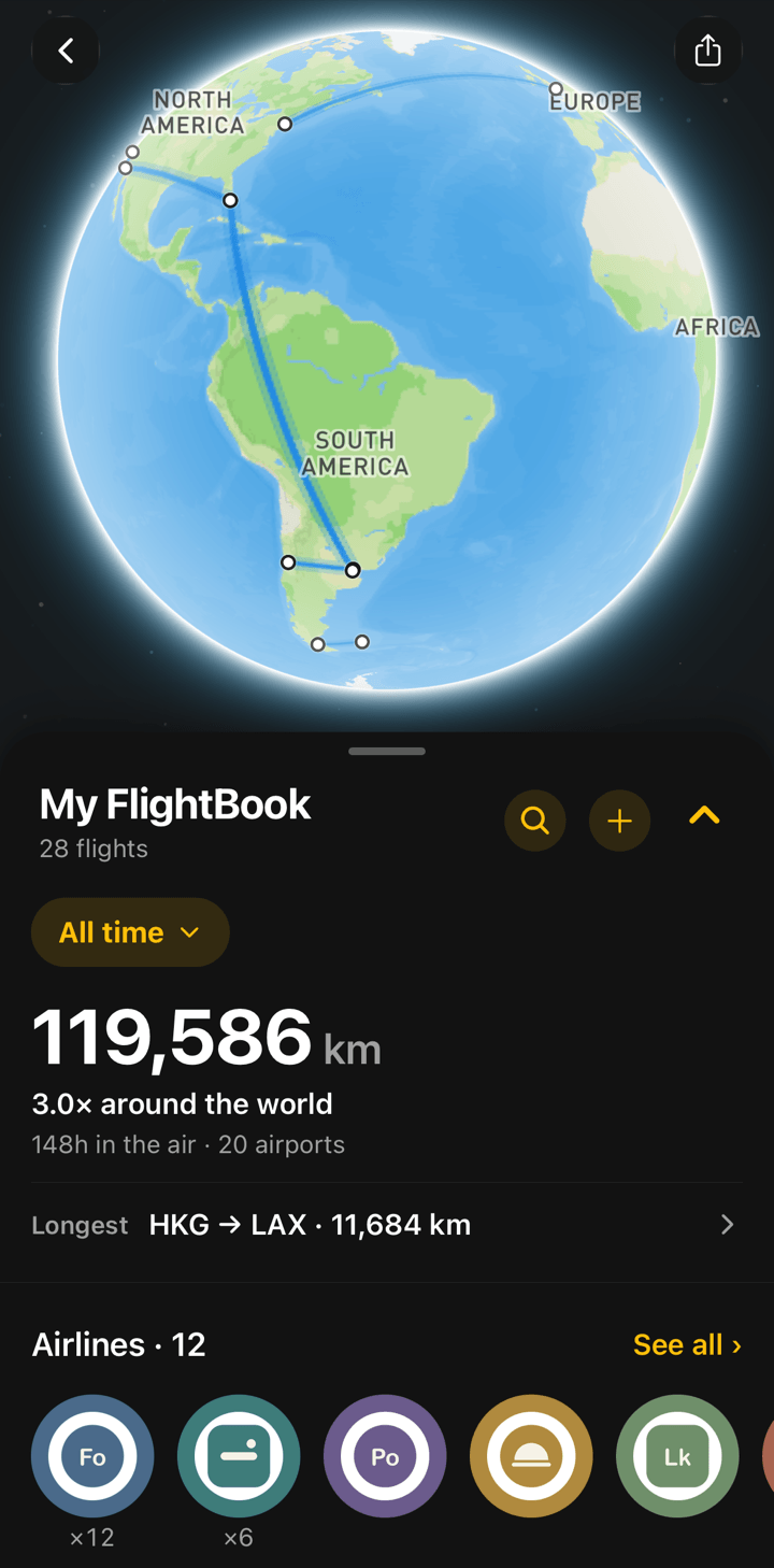 FlightBook globe with blue routes for past flights
