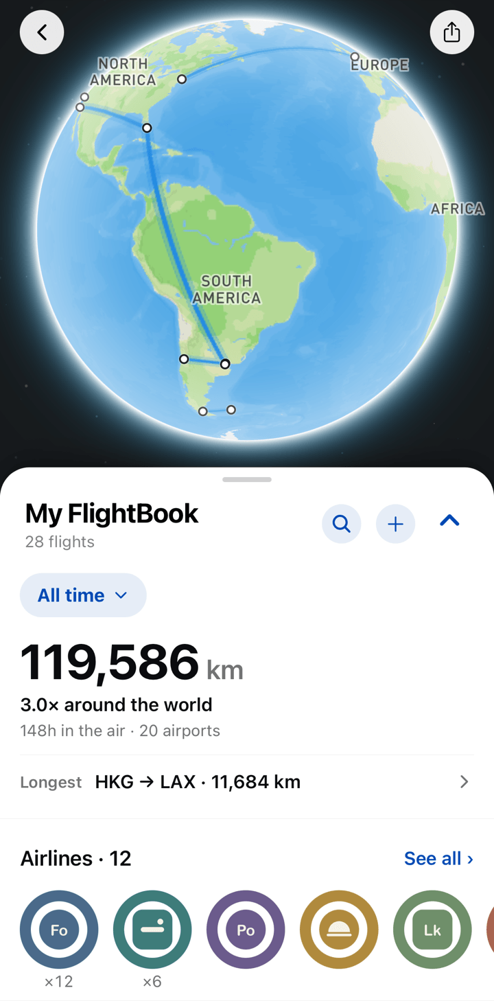 FlightBook globe with blue routes for past flights