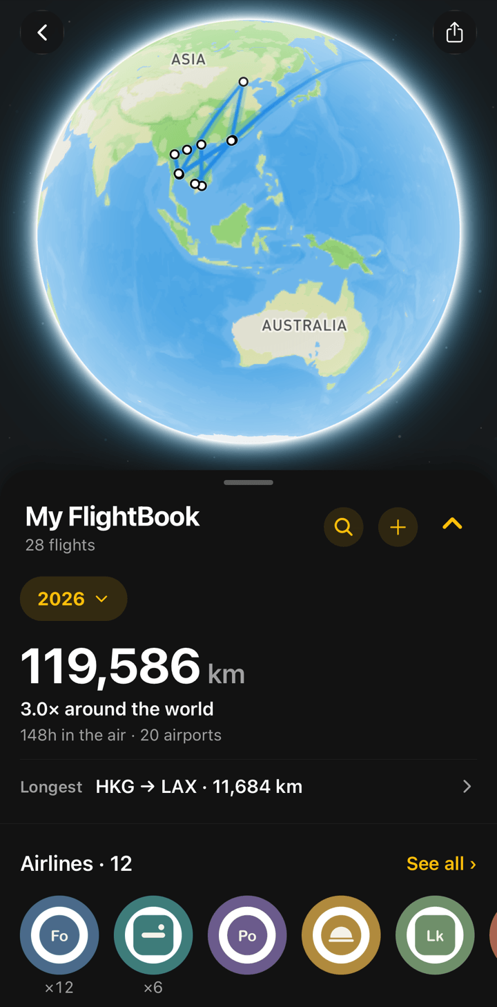 FlightBook filtered to one year, with that year's routes and totals