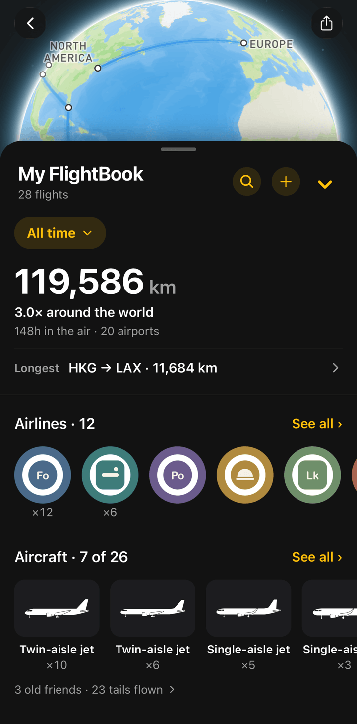 FlightBook summary in light mode with the distance flown