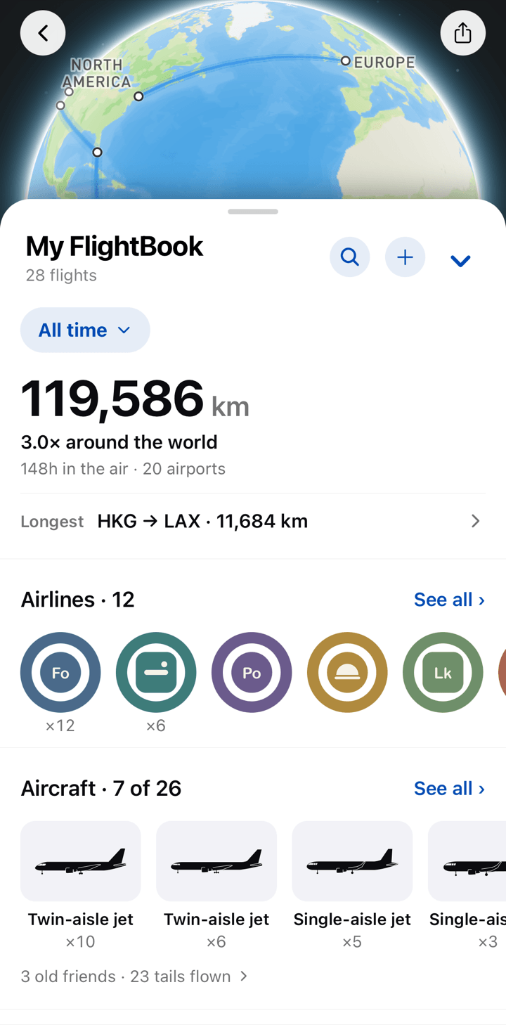 FlightBook summary in light mode with the distance flown