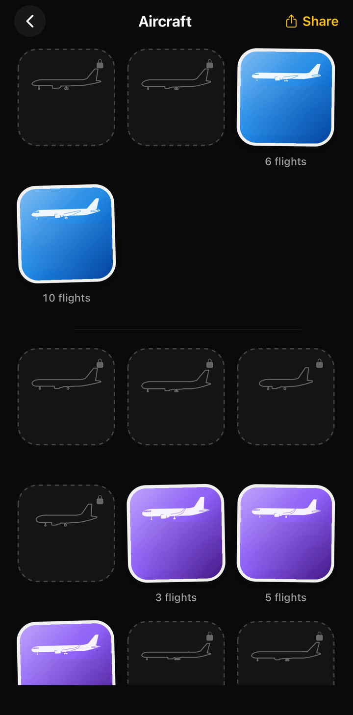 Aircraft page in FlightBook with silhouettes of the aircraft types flown and outlines of the others