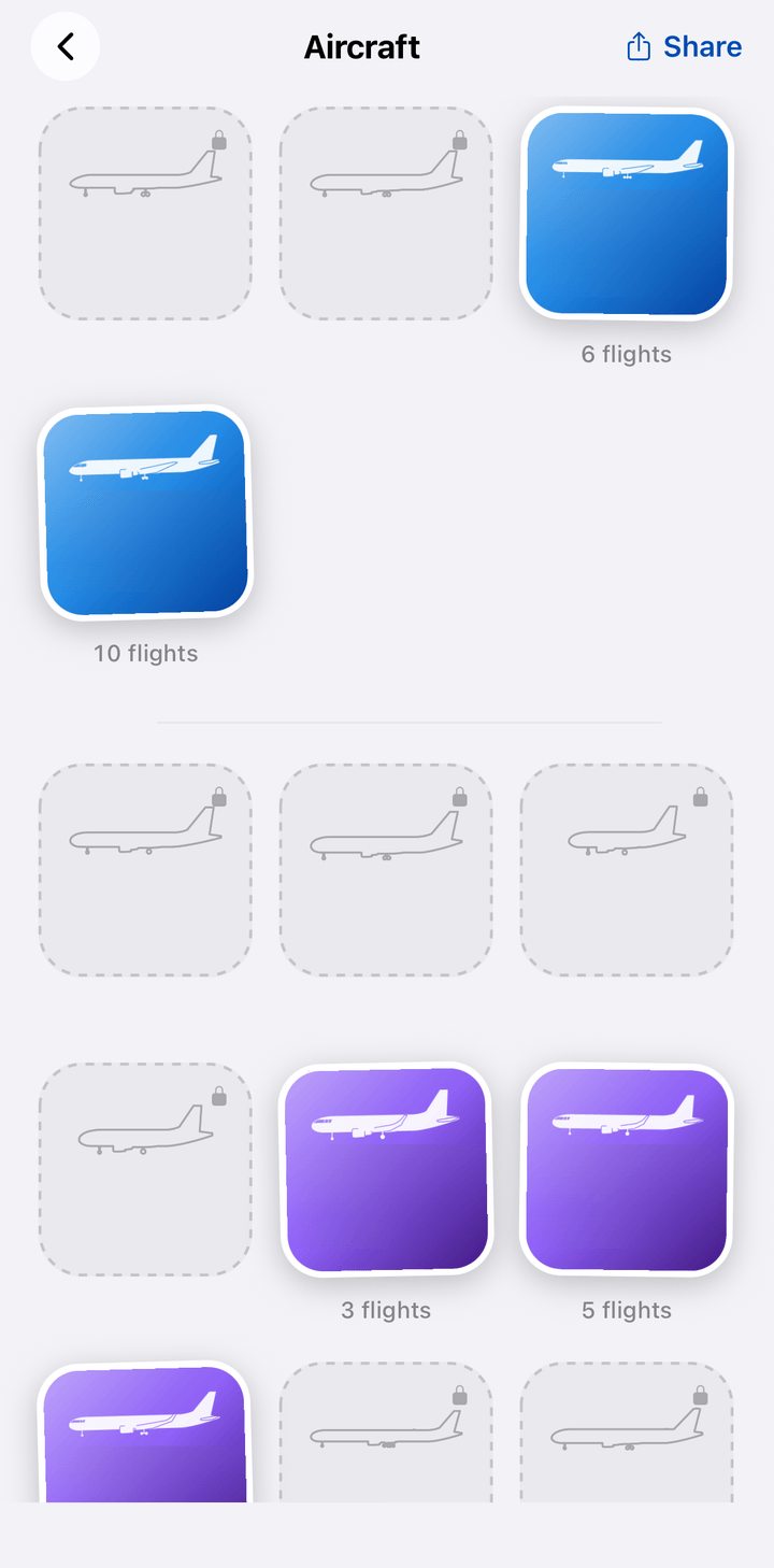 Aircraft page in FlightBook with silhouettes of the aircraft types flown and outlines of the others