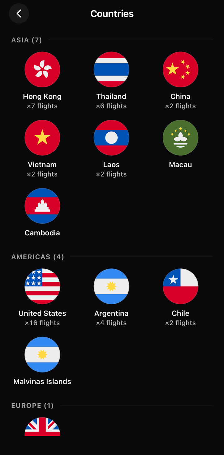Countries page in FlightBook with a round flag for each country visited