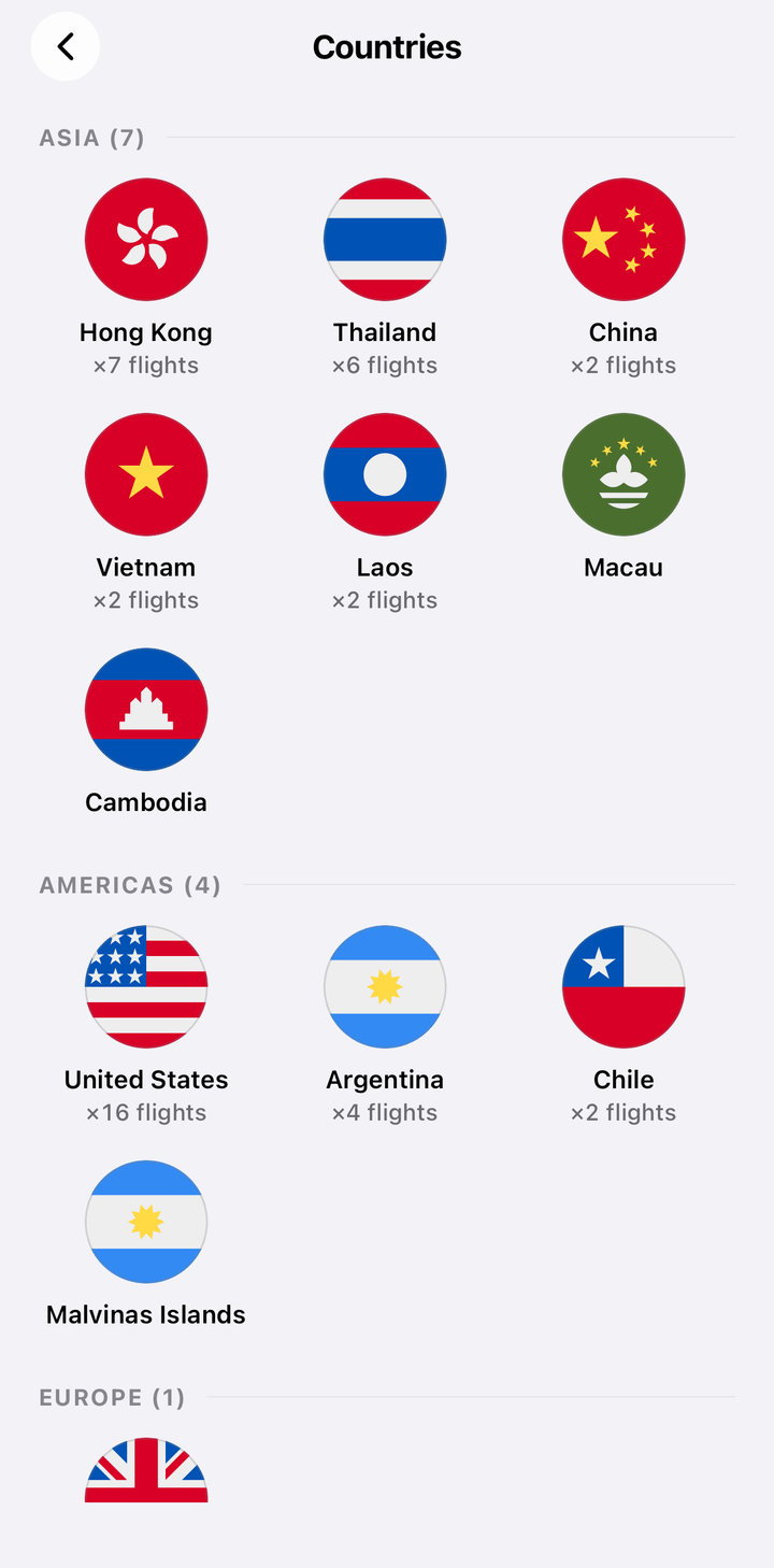 Countries page in FlightBook with a round flag for each country visited