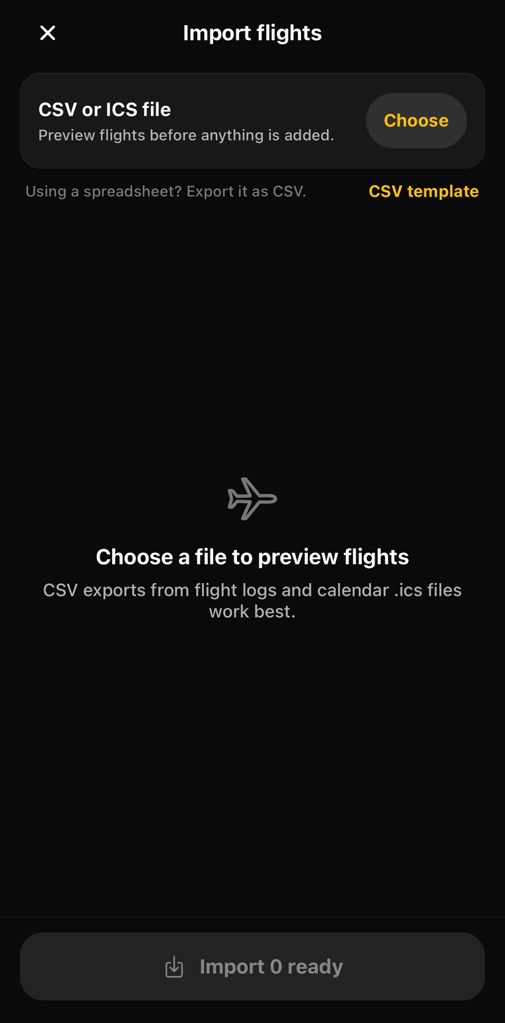 Import flights screen in FlightBook, ready to choose a CSV or calendar file