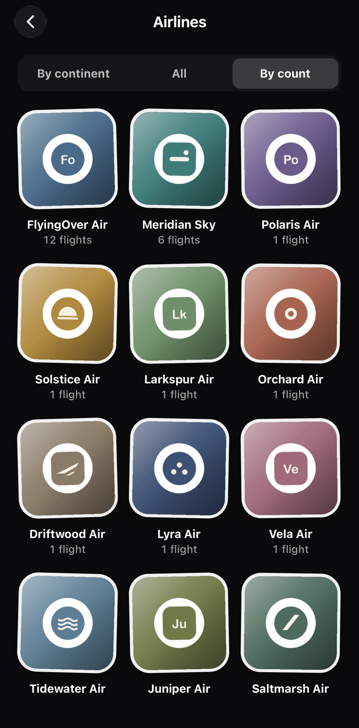 Album of airline stickers in FlightBook, sorted by the number of flights