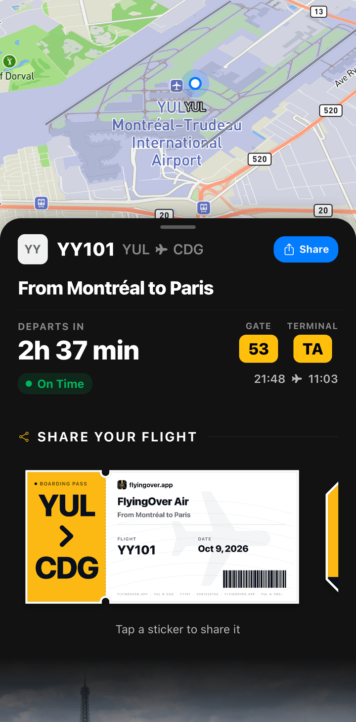 FlyingOver home screen with an upcoming flight, its route on the map and the boarding-pass sticker ready to share