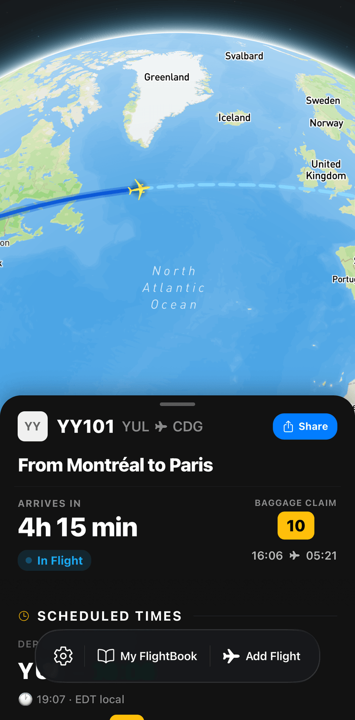 In-flight map with the estimated position of the plane over the ocean and place names along the route